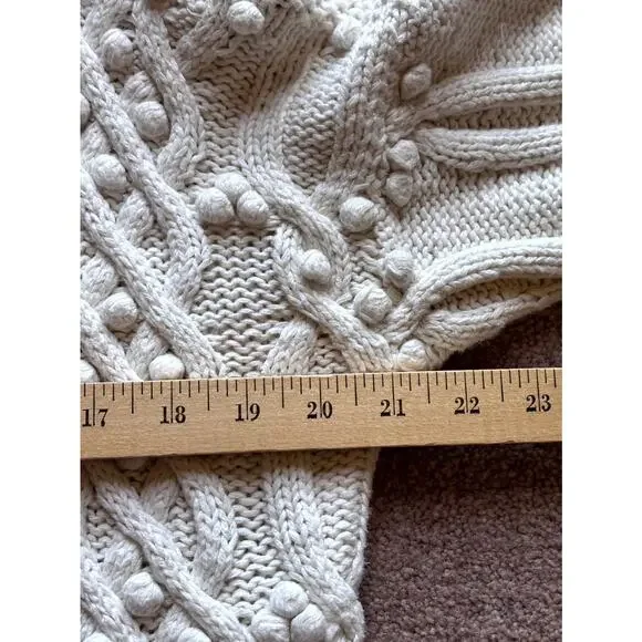 Vintage M Cableknit Sweater Coastal 90’s Cotton Bobble Fringe Cottage Fisherman - Picture 4 of 5